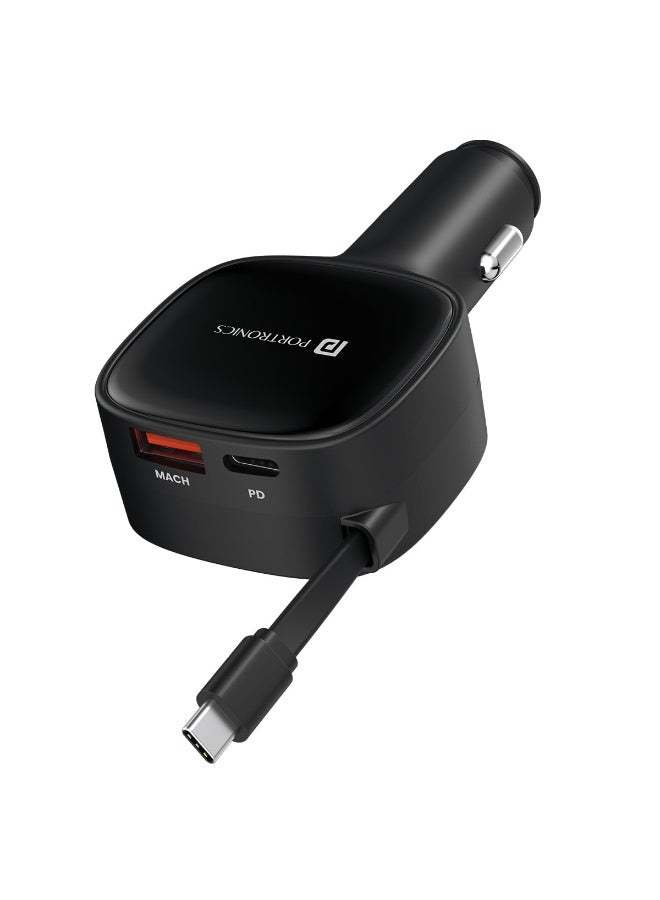 بورترونيكس Portronics Car Power Retracto 84W 3 in 1 Car Charger, 80 cm Retractable Cable (33W Type-C PD), Dual Port (18W USB Type-A & 33W Type-C) for Laptop, Android, iPhone, Earbuds and More (Black) - Image 1